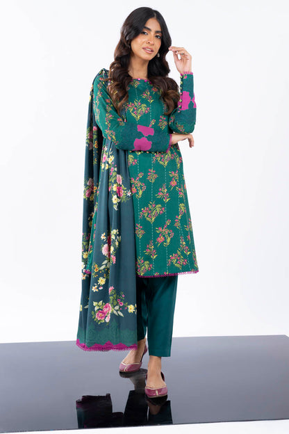 3 Pc Printed Corduroy Suit With Viscose Dupatta