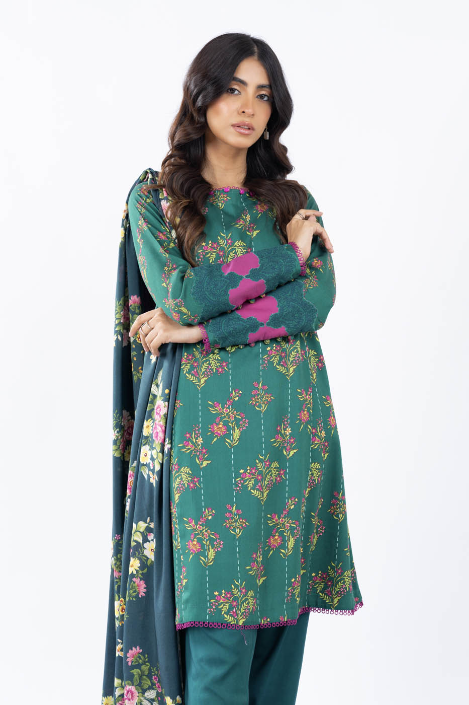 3 Pc Printed Corduroy Suit With Viscose Dupatta