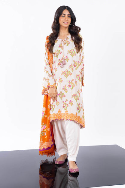 3 Pc Printed Corduroy Suit With Viscose Dupatta