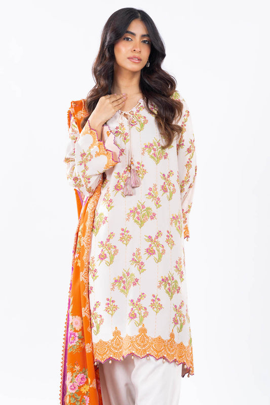 3 Pc Printed Corduroy Suit With Viscose Dupatta