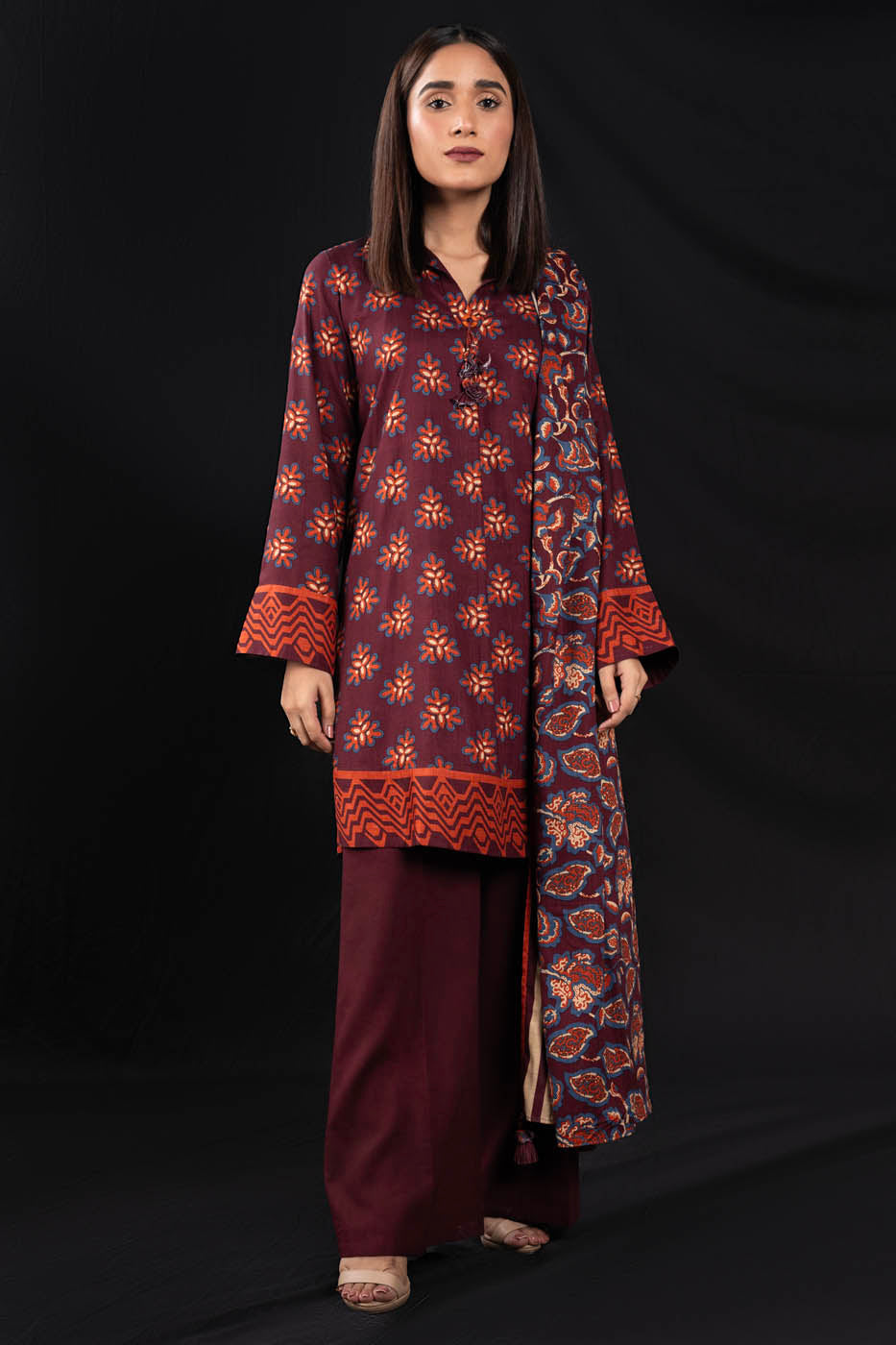 3 Pc Printed Cross Slub Viscose Suit With Cross Slub Viscose Dupatta