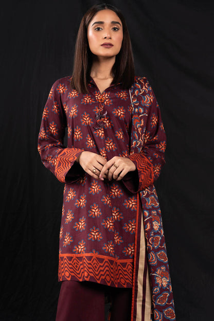 3 Pc Printed Cross Slub Viscose Suit With Cross Slub Viscose Dupatta