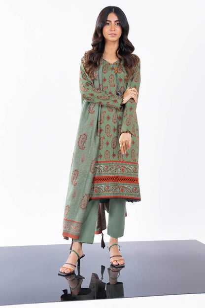 3 Pc Printed Slub Viscose Suit With Shawl