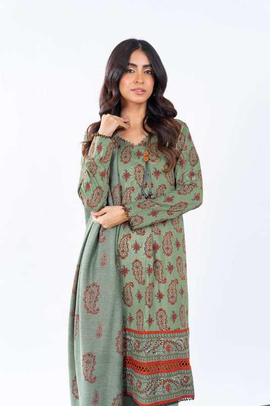 3 Pc Printed Slub Viscose Suit With Shawl