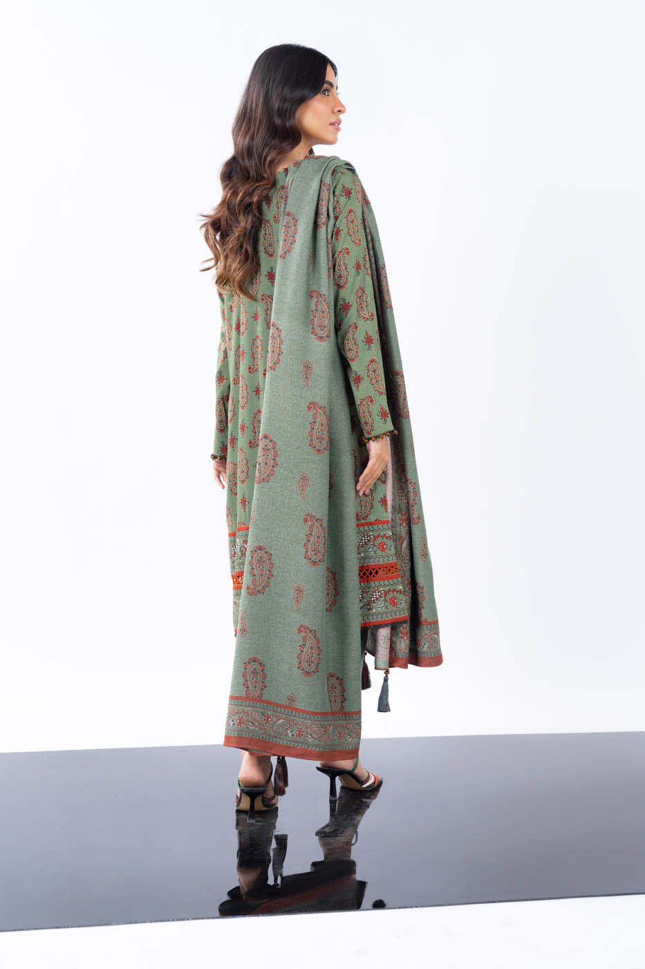 3 Pc Printed Slub Viscose Suit With Shawl