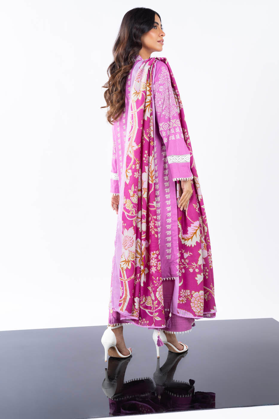 3 Pc Printed Cross Slub Viscose Suit With Herringbone Shawl