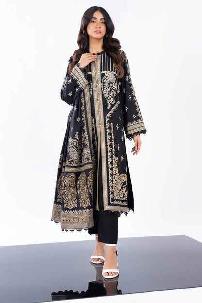 3 Pc Printed Cross Slub Viscose Suit With Herringbone Shawl