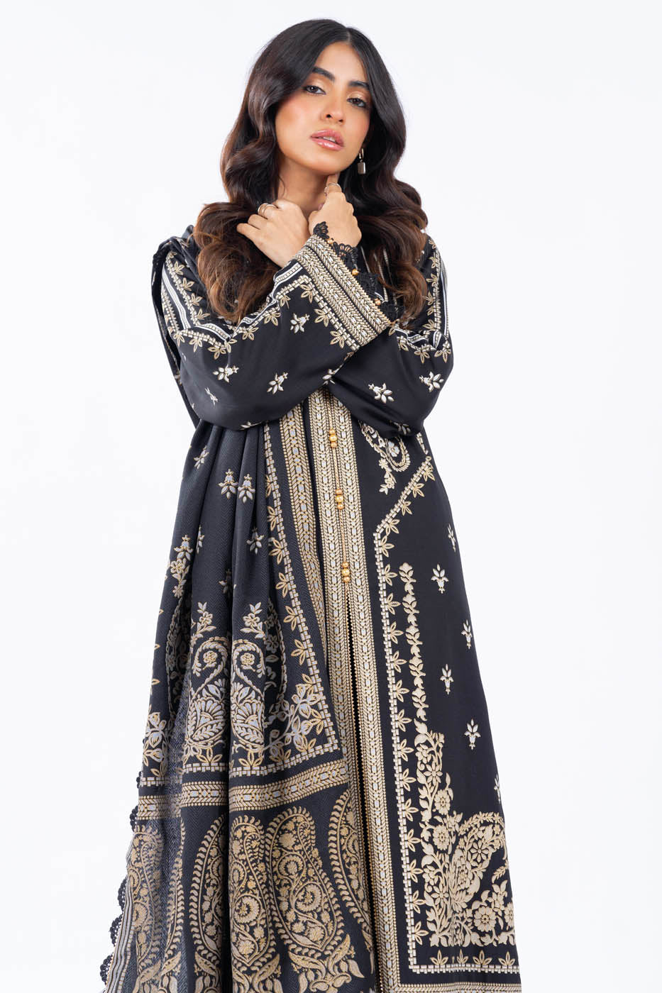 3 Pc Printed Cross Slub Viscose Suit With Herringbone Shawl