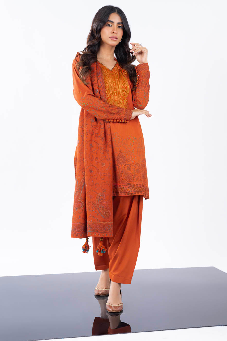 3 Pc Embroidered Twill Viscose Suit With Shawl