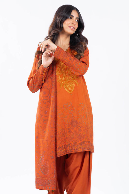 3 Pc Embroidered Twill Viscose Suit With Shawl