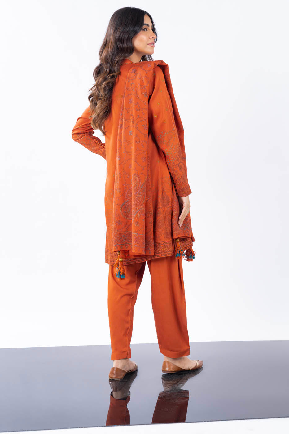 3 Pc Embroidered Twill Viscose Suit With Shawl