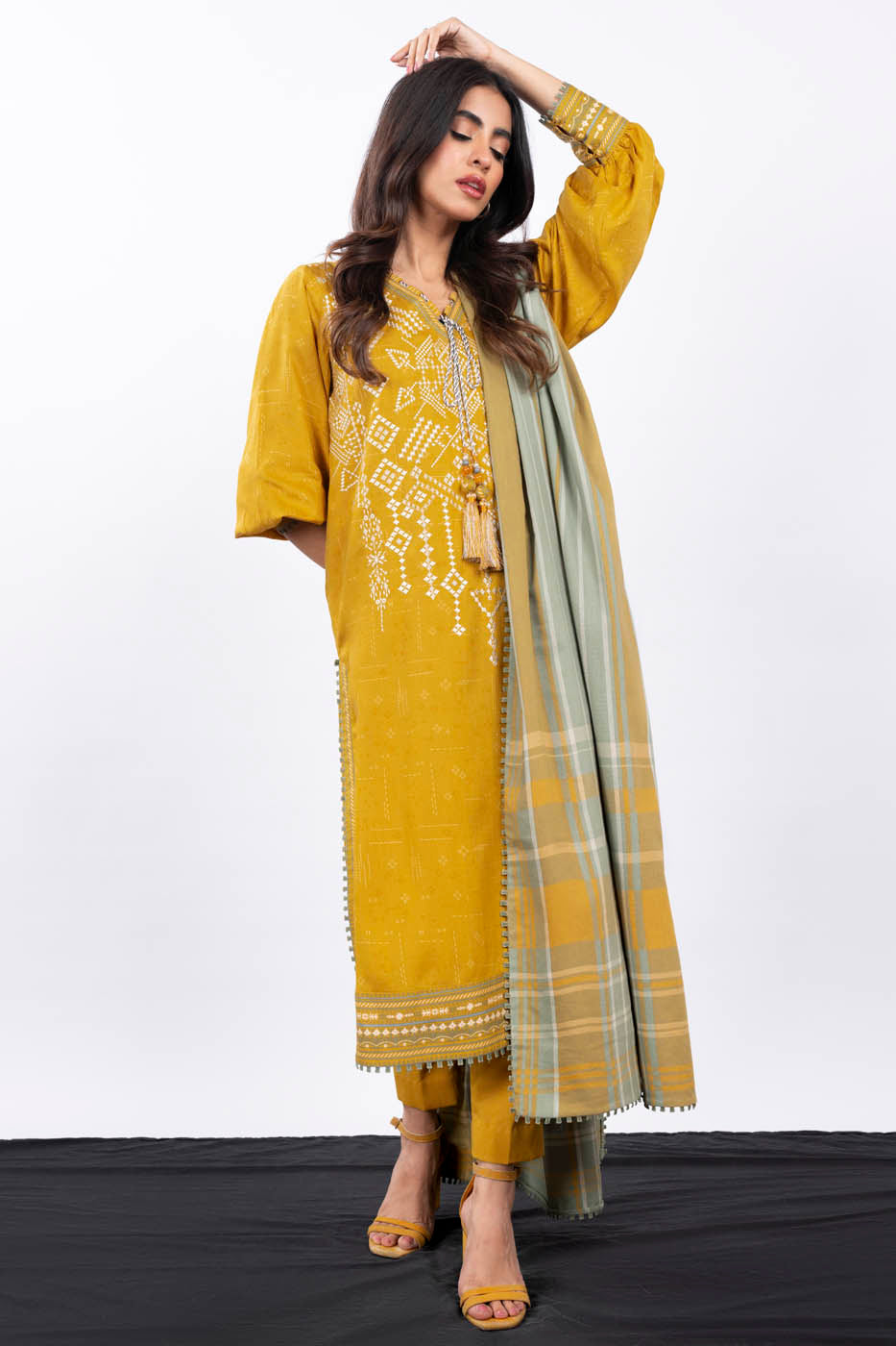 2 Pc Embroidered Cross Slub Viscose Suit With Shawl