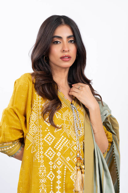 2 Pc Embroidered Cross Slub Viscose Suit With Shawl