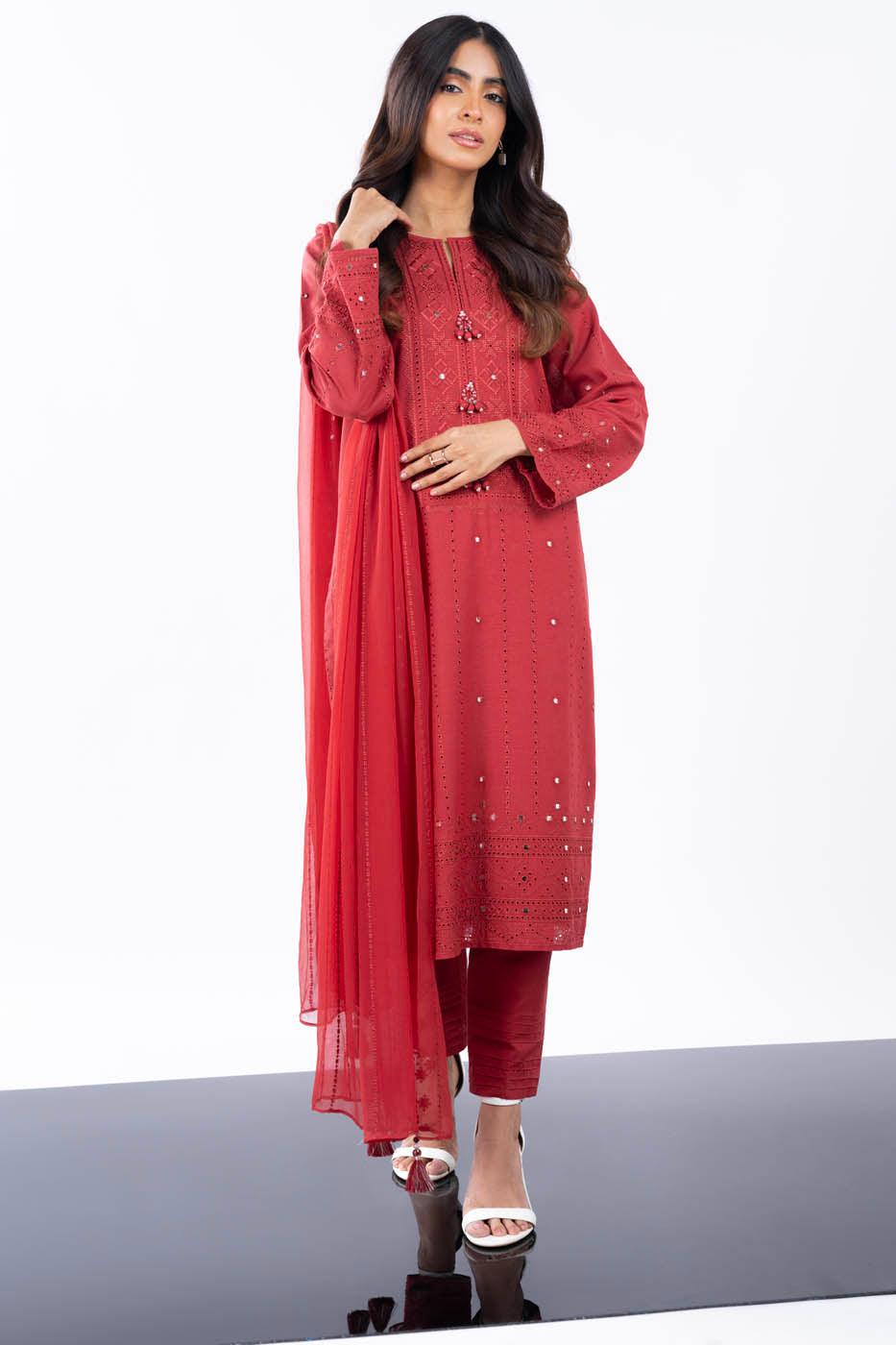 3 Pc Embroidered Karandi Suit With Chiffon Dupatta