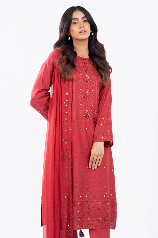 3 Pc Embroidered Karandi Suit With Chiffon Dupatta