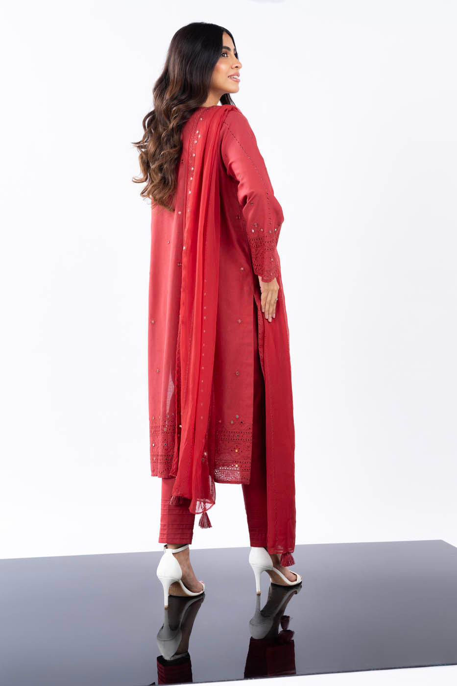 3 Pc Embroidered Karandi Suit With Chiffon Dupatta