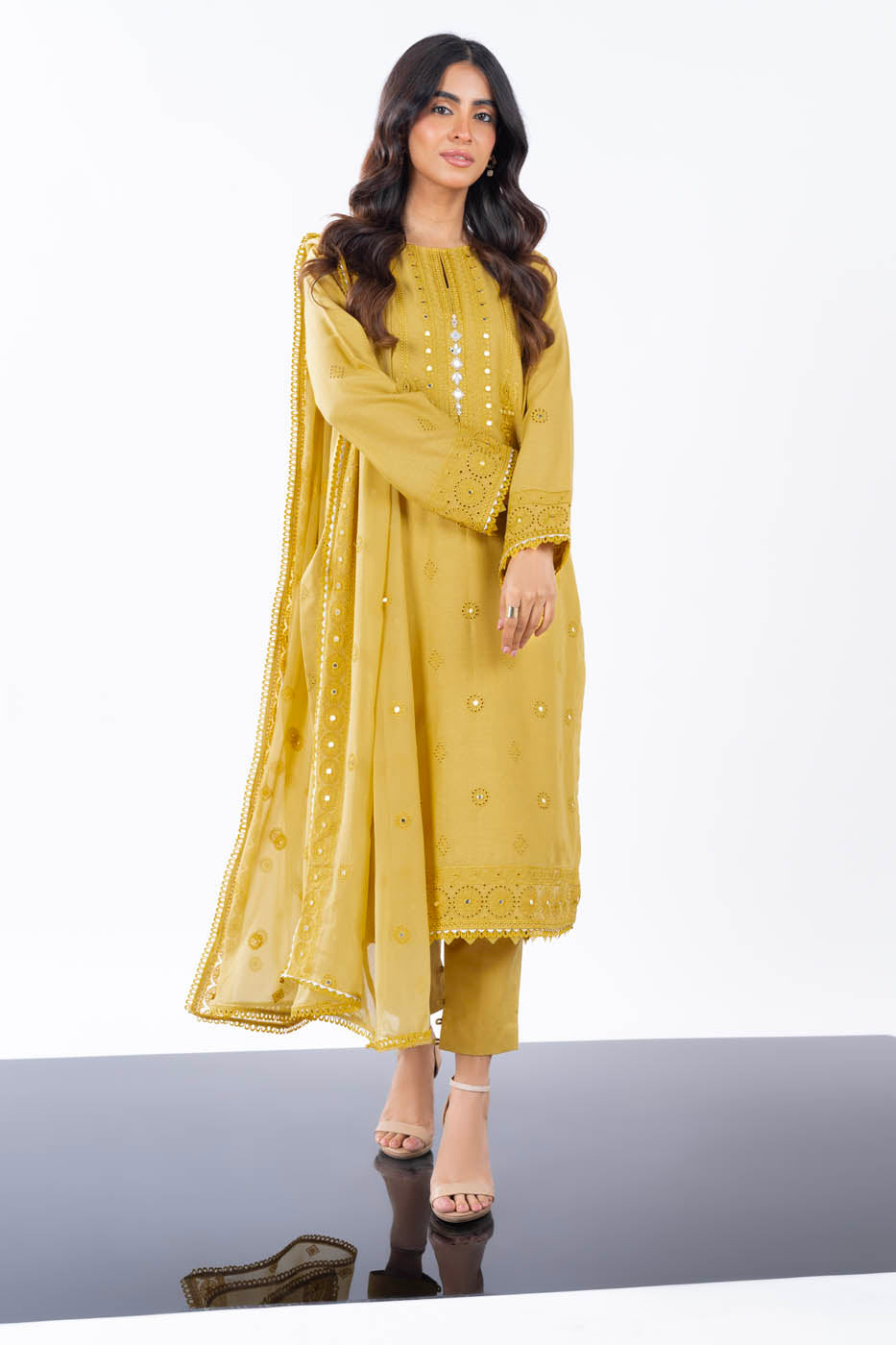 3 Pc Embroidered Karandi Suit With Chiffon Dupatta