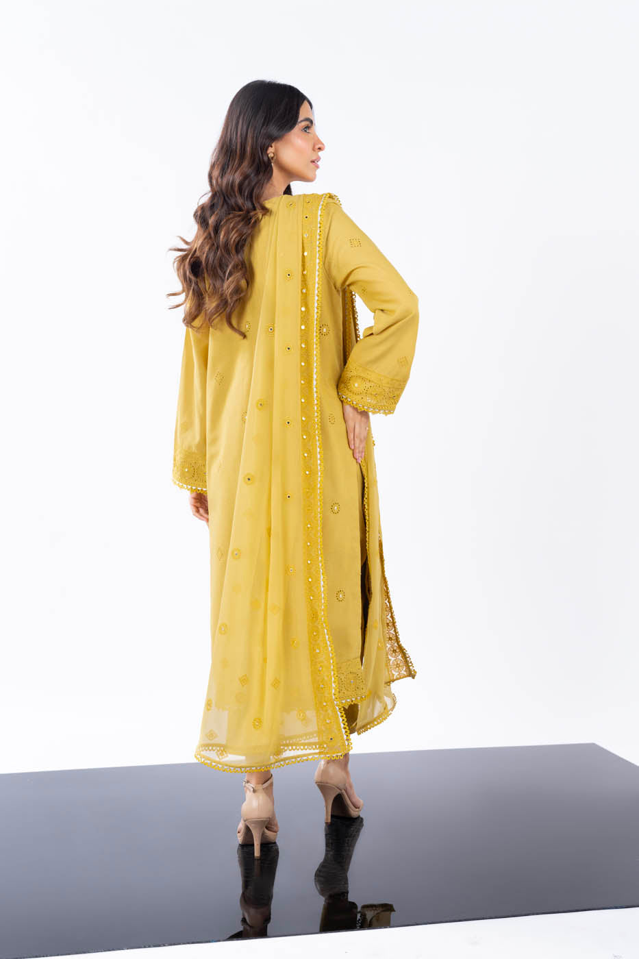 3 Pc Embroidered Karandi Suit With Chiffon Dupatta