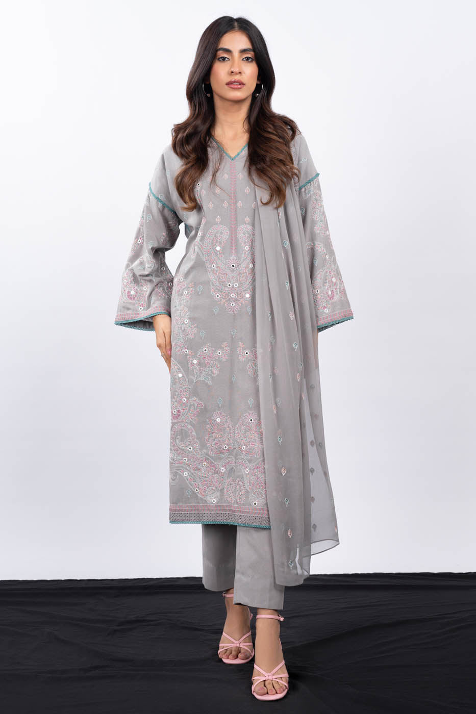 3 Pc Embroidered Karandi Suit With Chiffon Dupatta