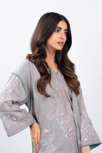 3 Pc Embroidered Karandi Suit With Chiffon Dupatta
