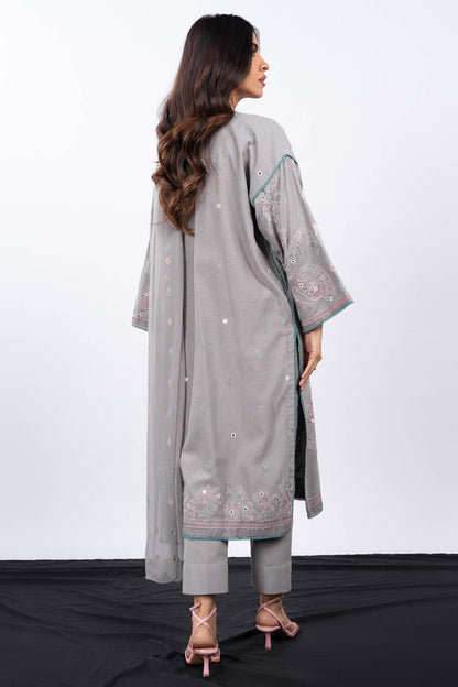 3 Pc Embroidered Karandi Suit With Chiffon Dupatta