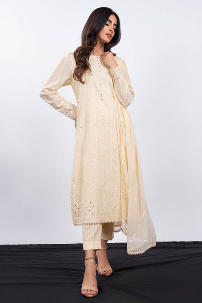 3 Pc Embroidered Karandi Suit With Chiffon Dupatta