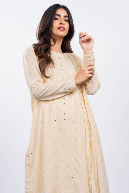3 Pc Embroidered Karandi Suit With Chiffon Dupatta