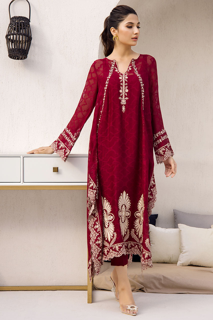 Red Wine Cotton Net Kurta With Drop Corners And Embroidery Detailing