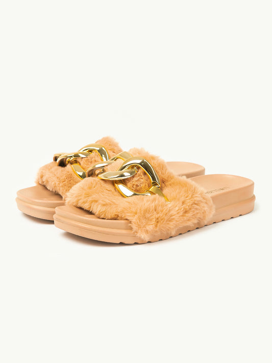 Limelight - Chain Embellished Fur Sliders