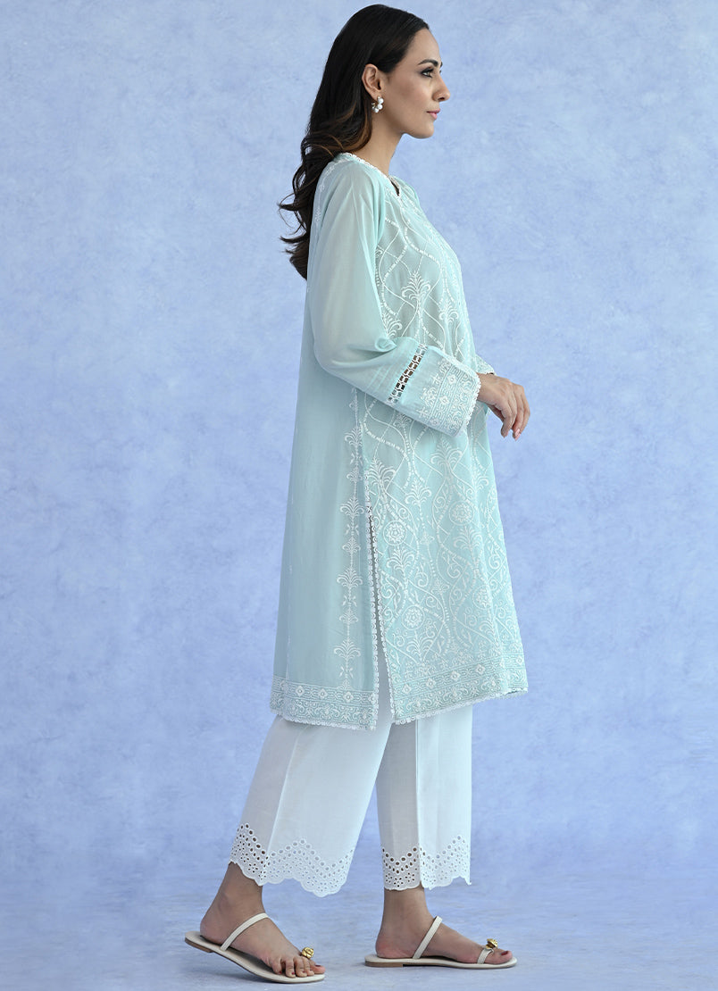 Powder Blue Schiffli Embroidered Kurta