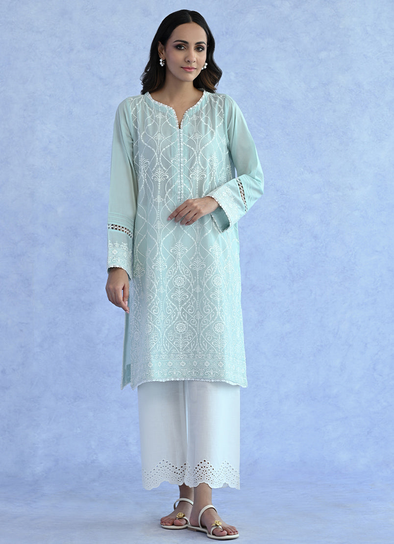 Powder Blue Schiffli Embroidered Kurta