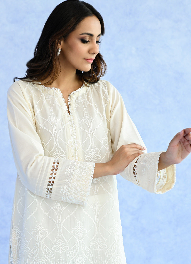 Ivory Schiffli Embroidered Kurta