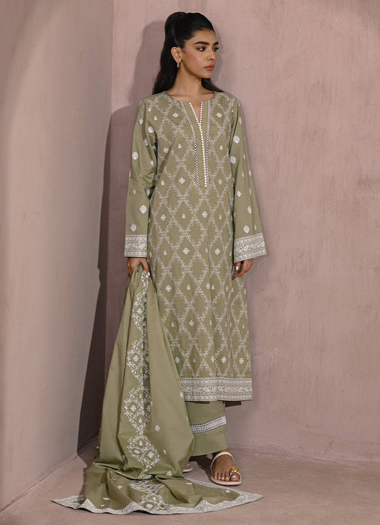 3 PC Olive Green Chikankari Suit