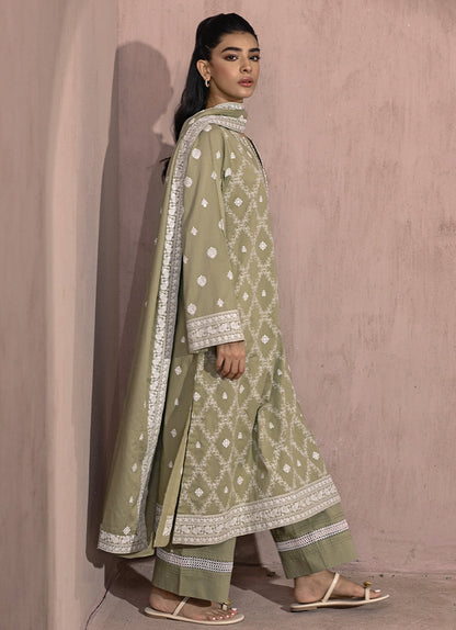 3 PC Olive Green Chikankari Suit