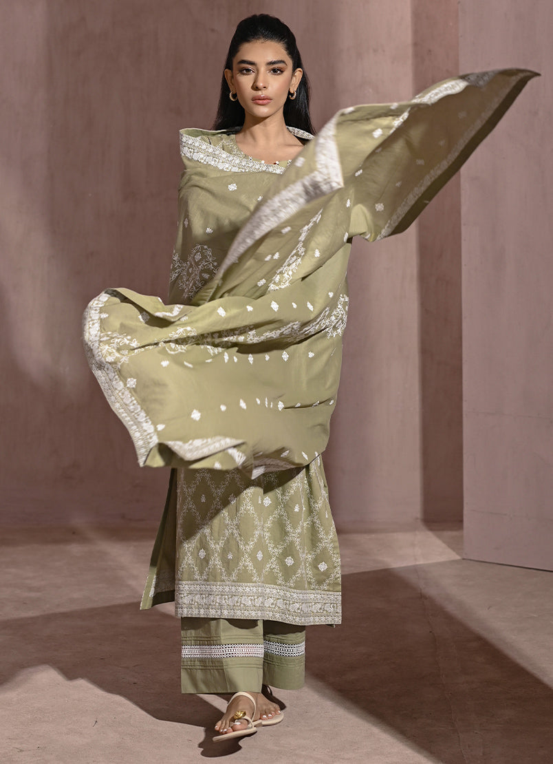 3 PC Olive Green Chikankari Suit