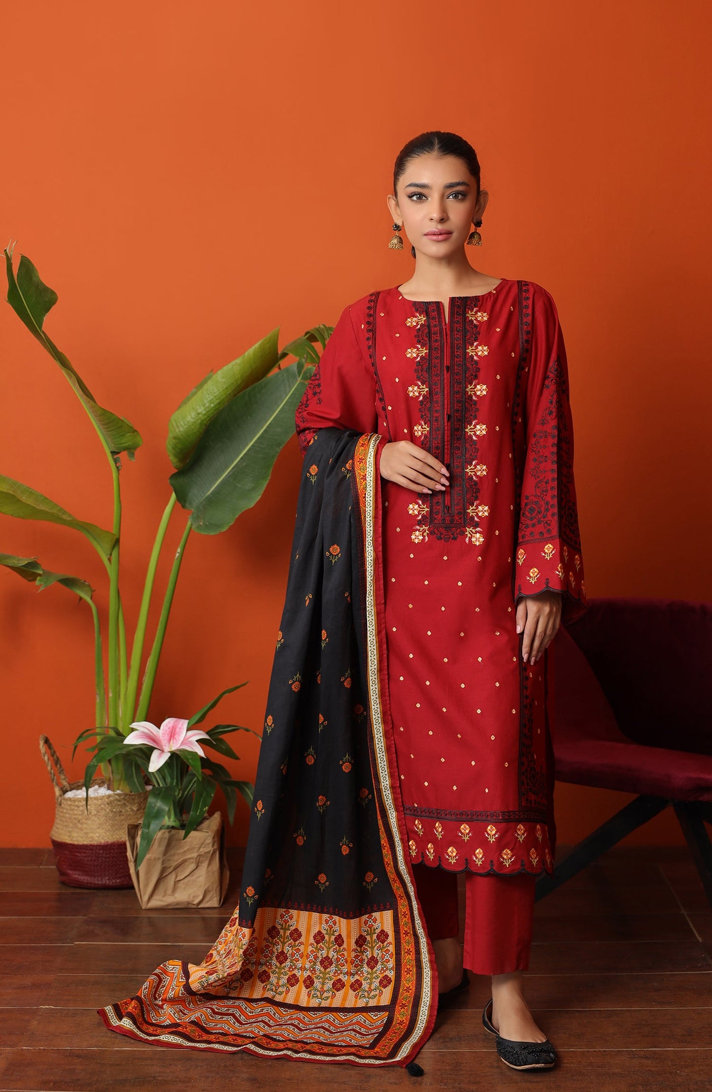Orient - Stitched 3 Piece Embroidered Cambric Shirt , Cambric Pant and Lawn Dupatta