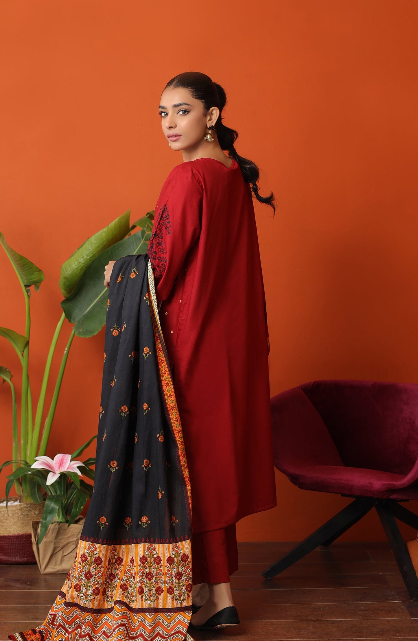 Orient - Stitched 3 Piece Embroidered Cambric Shirt , Cambric Pant and Lawn Dupatta