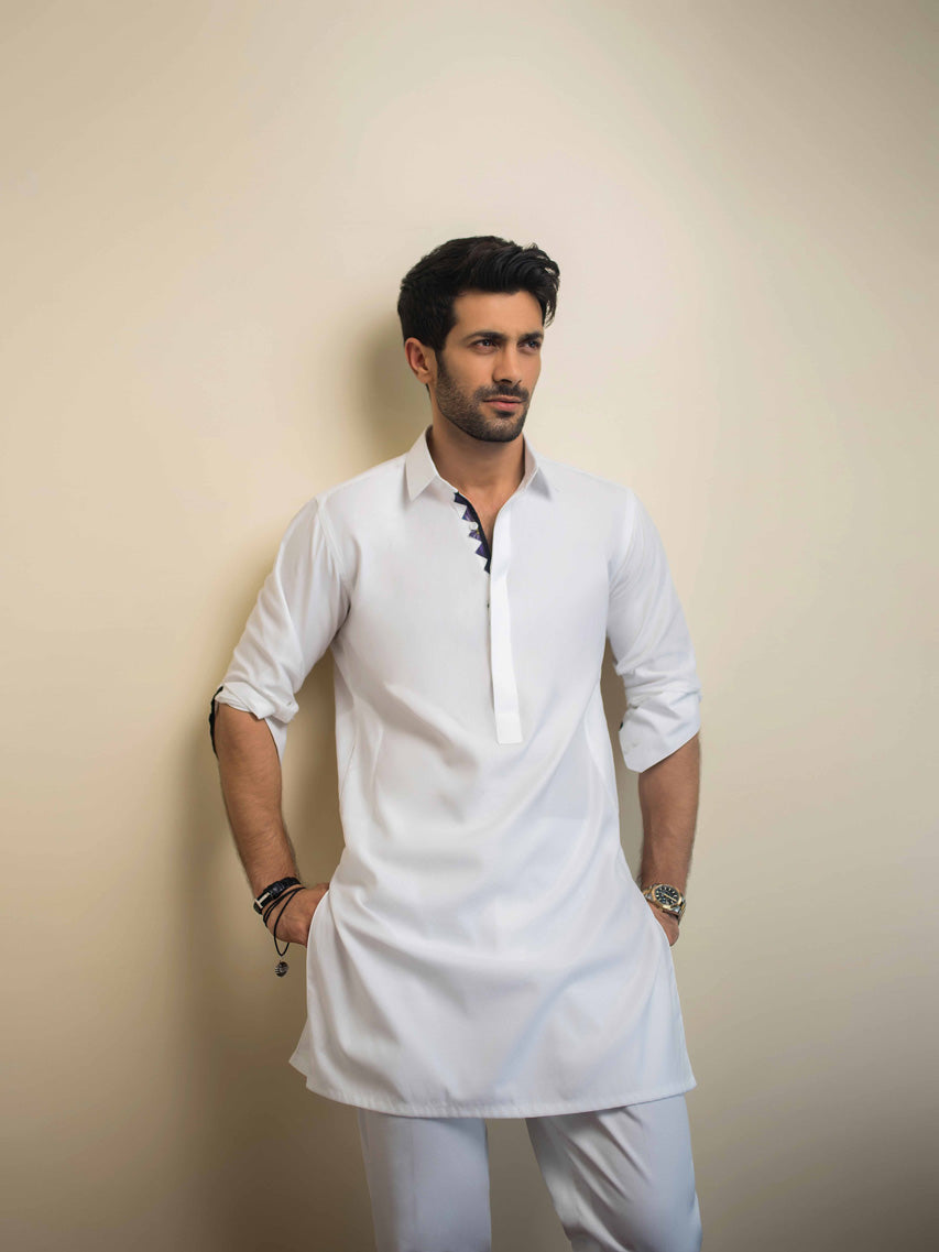 Self Printed White Cotton Kurta