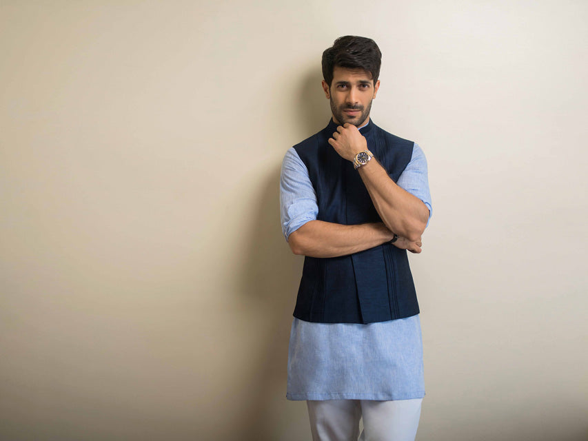 Light Blue Linen Kurta With Waist Coat