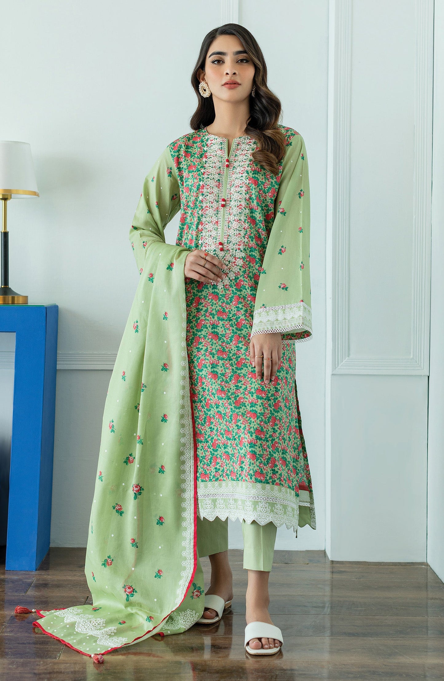 Orient - Stitched 3 Piece Embroidered Lawn Shirt , Cambric Pant and Lawn Dupatta