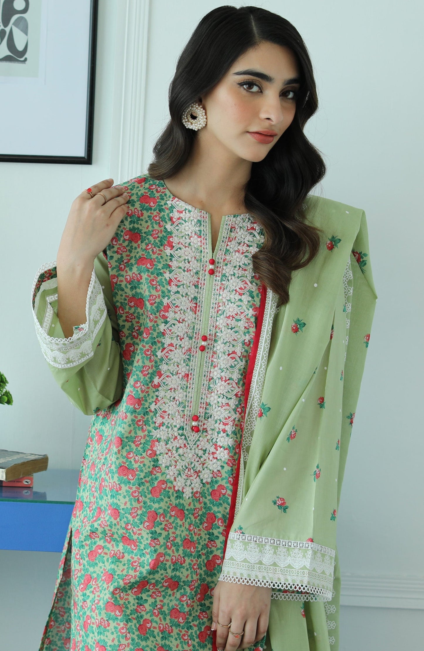 Orient - Stitched 3 Piece Embroidered Lawn Shirt , Cambric Pant and Lawn Dupatta