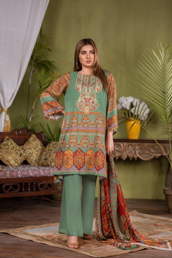 Adan's Libas - CHARMING GREEN – DIGITAL EMBROIDERED LAWN(UNSTITCH)