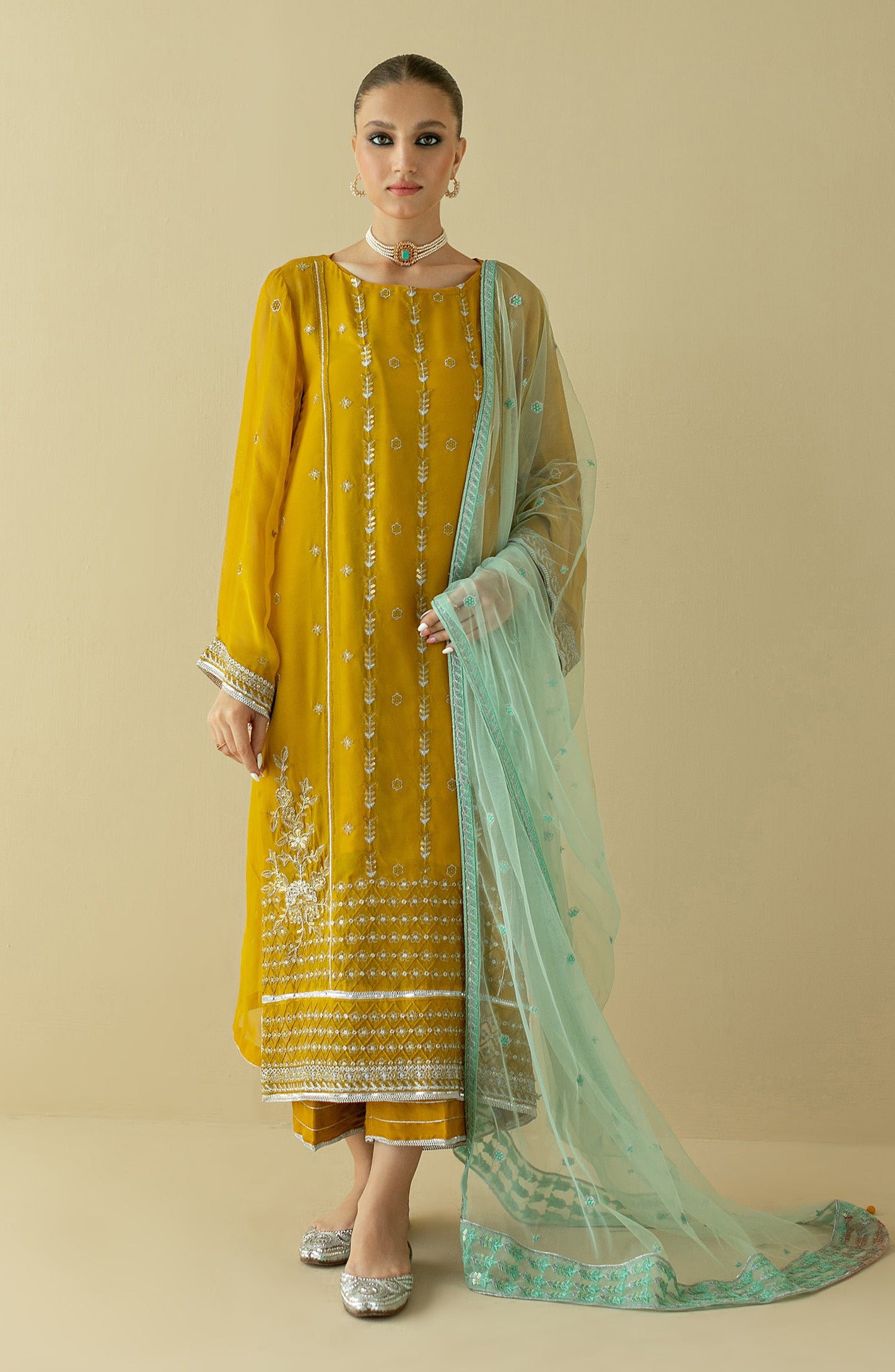 Orient - Stitched 3 Piece Embroidered Chiffon Shirt , Raw Silk Pant and Cotton Net Dupatta