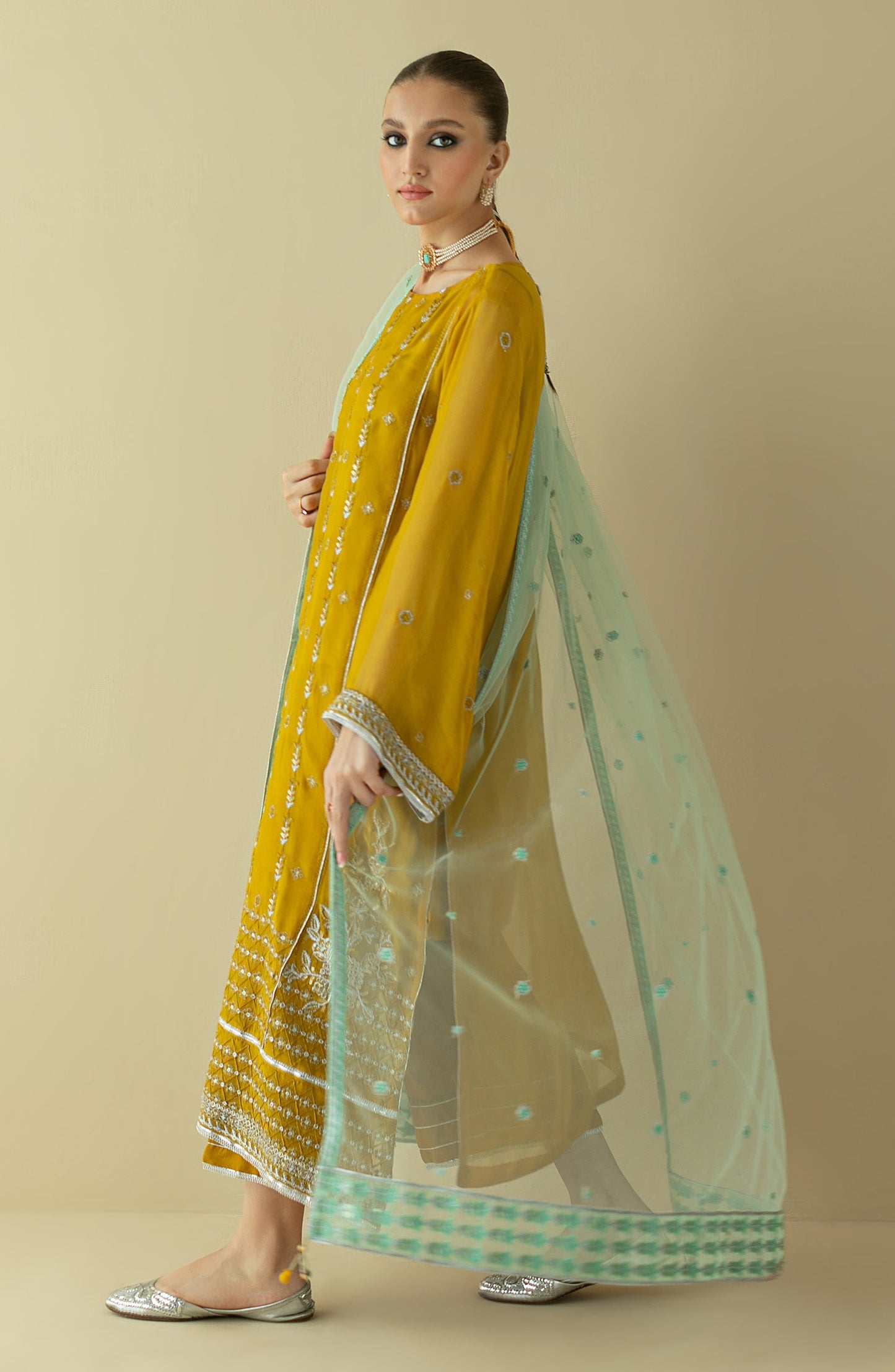 Orient - Stitched 3 Piece Embroidered Chiffon Shirt , Raw Silk Pant and Cotton Net Dupatta
