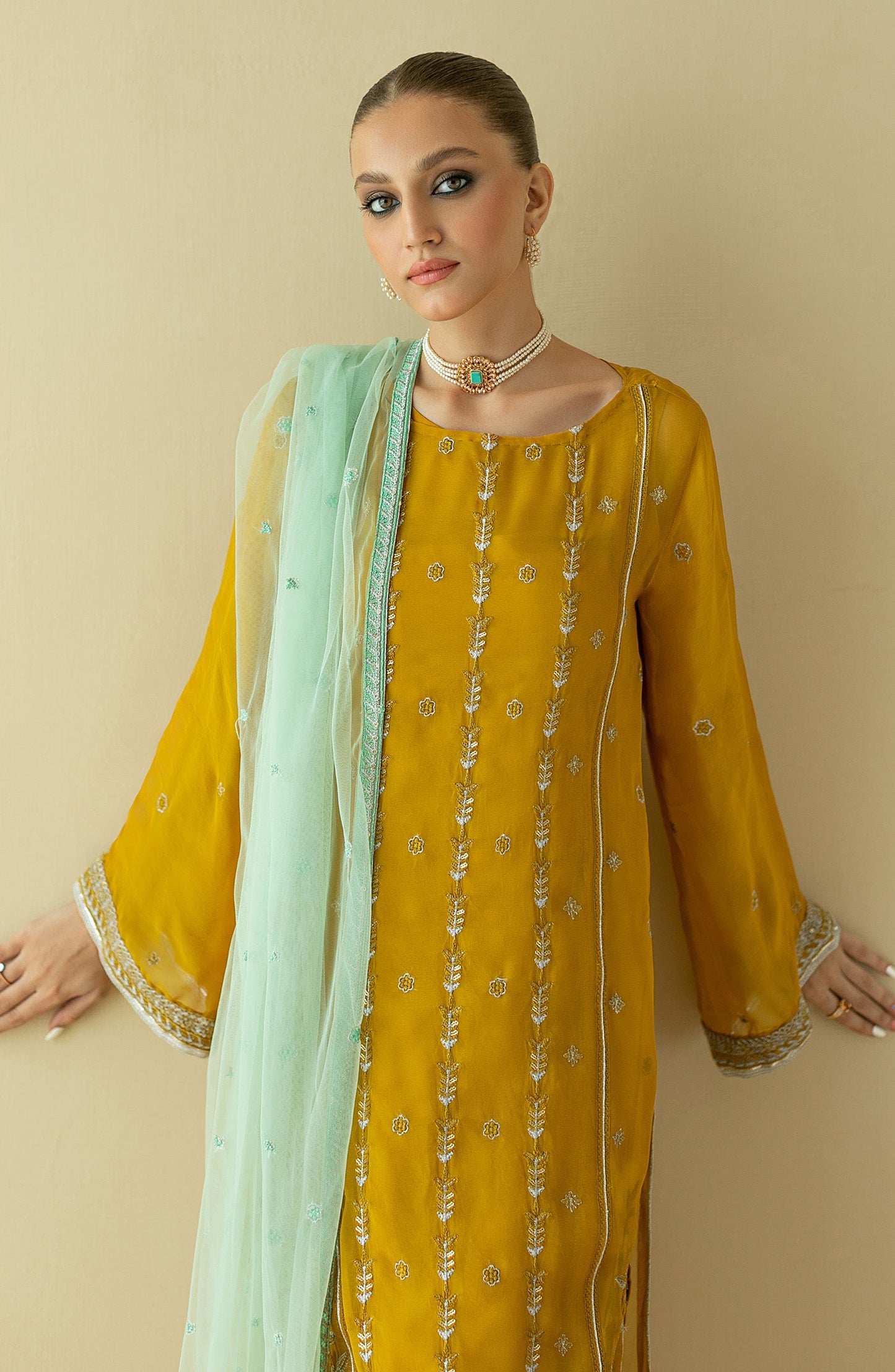 Orient - Stitched 3 Piece Embroidered Chiffon Shirt , Raw Silk Pant and Cotton Net Dupatta