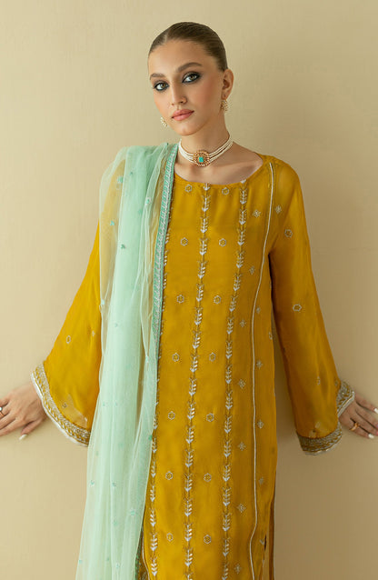 Orient - Stitched 3 Piece Embroidered Chiffon Shirt , Raw Silk Pant and Cotton Net Dupatta