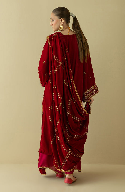 Orient - Unstitched 3 Piece Embroidered Velvet Shirt , Raw Silk Pant and Velvet Dupatta
