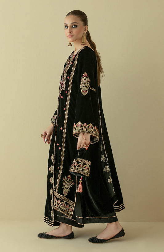 Orient - Unstitched 3 Piece Embroidered Velvet Shirt , Raw Silk Pant and Velvet Dupatta