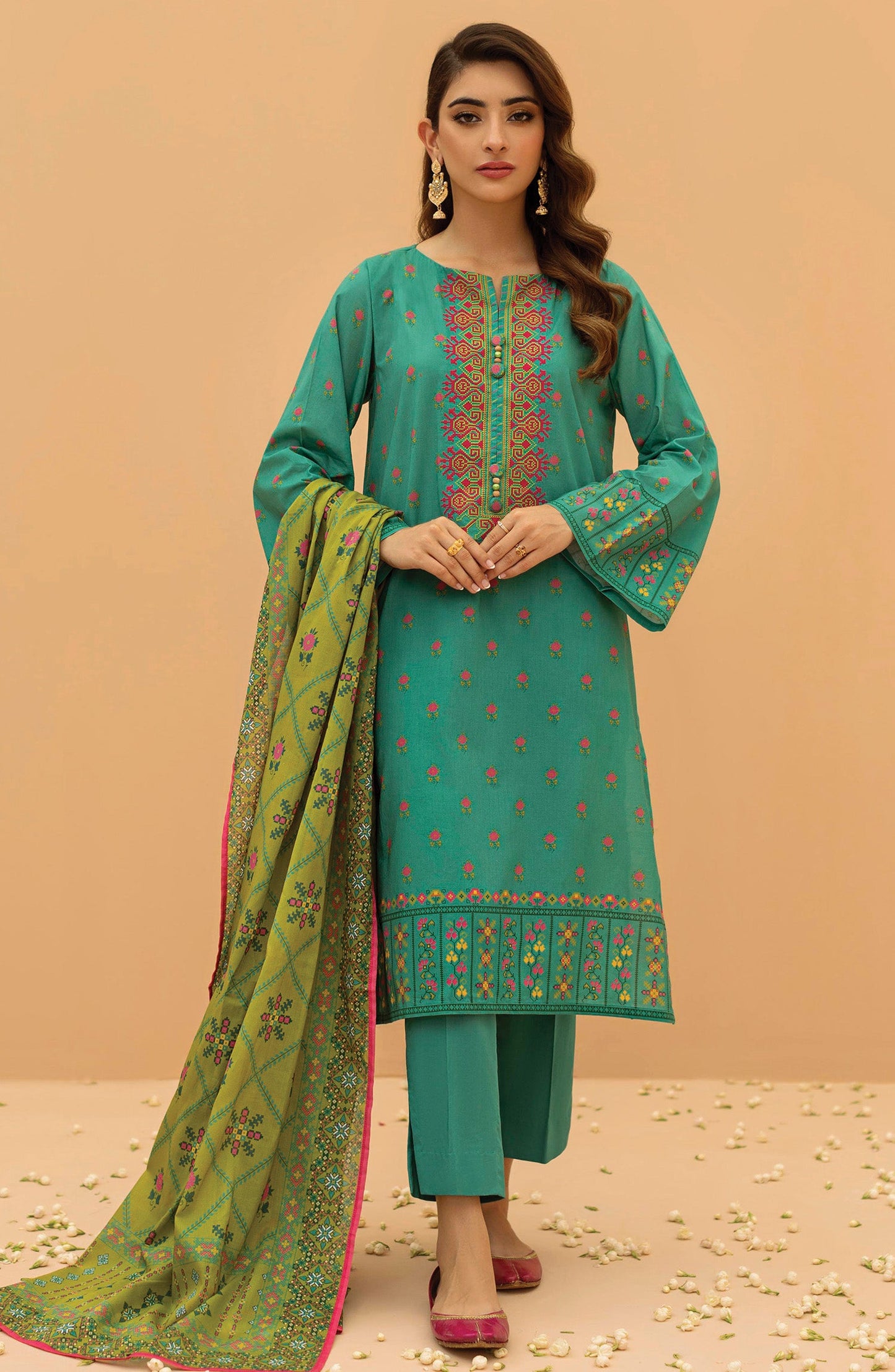Orient - Stitched 3 Piece Embroidered Cambric Shirt , Cambric Pant and Lawn Dupatta
