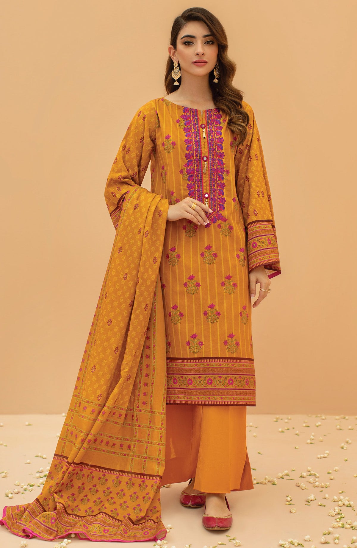 Orient - Unstitched 3 Piece Embroidered Lawn Shirt , Cambric Pant and Lawn Dupatta